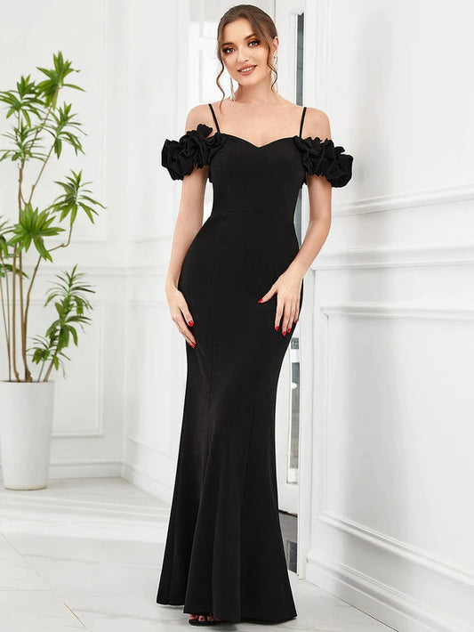 Ruffled Cold Shoulder Spaghetti Strap Bodycon Evening Dress