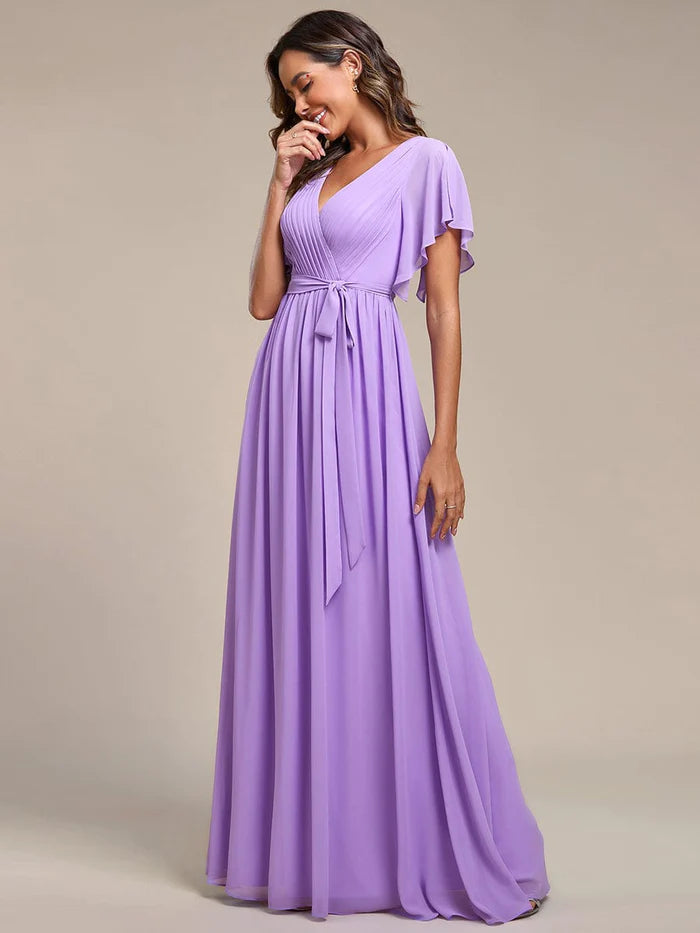 A-Line Pleated Chiffon Tie-Waist Evening Dress