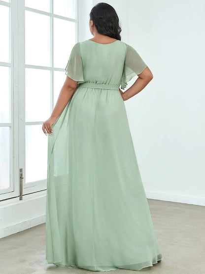 A-Line Pleated Chiffon Tie-Waist Evening Dress