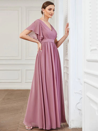 A-Line Pleated Chiffon Tie-Waist Evening Dress