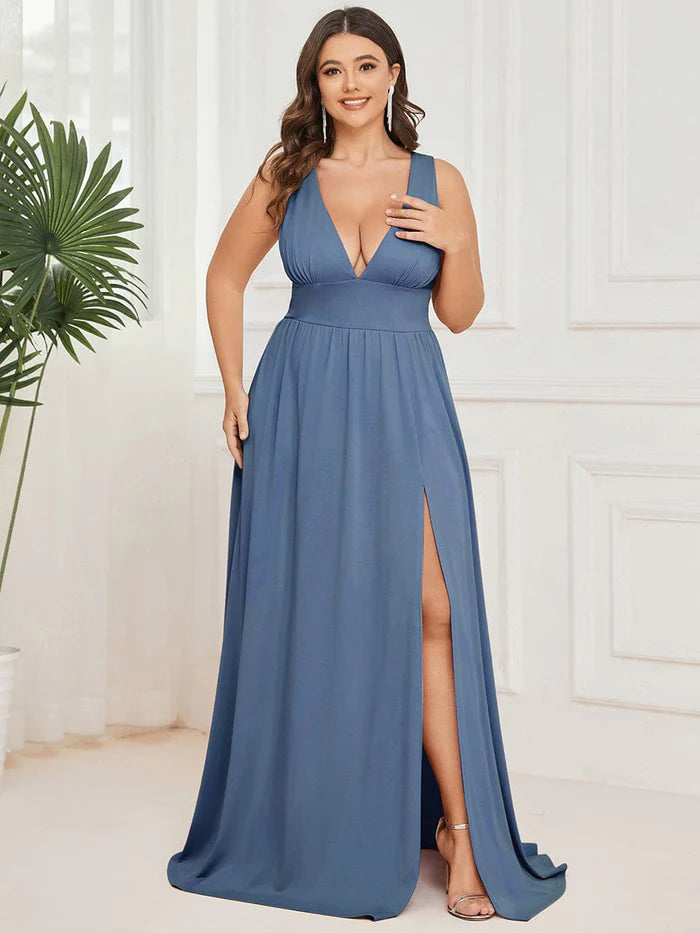 Chiffon High Slit Sleeveless V-Neck Empire Waist Formal Evening Dress