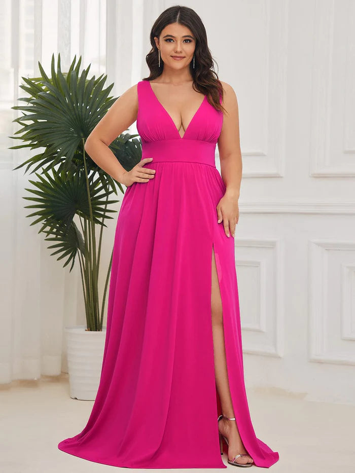 Chiffon High Slit Sleeveless V-Neck Empire Waist Formal Evening Dress