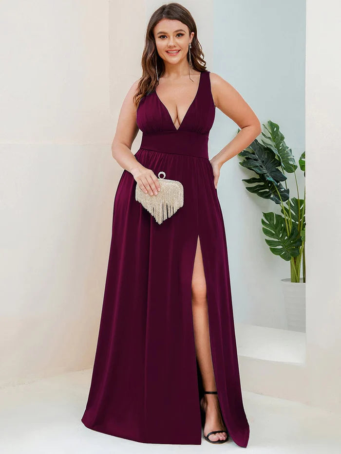 Chiffon High Slit Sleeveless V-Neck Empire Waist Formal Evening Dress