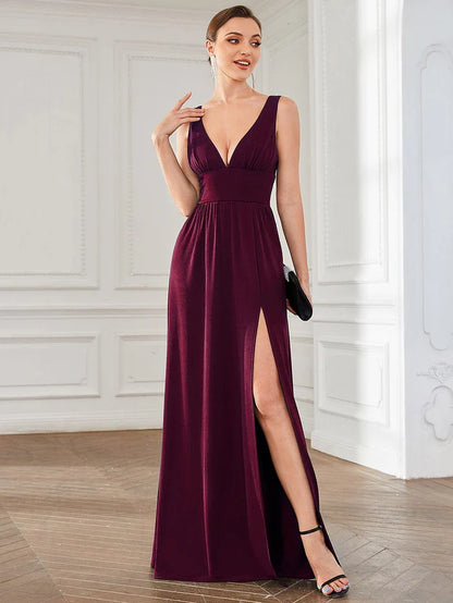 Sleeveless V-Neck Empire Waist High Slit Floor-Length Evening Dress