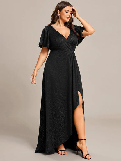 Glitter High-Low Front Side Slit Ruffled V-Neck Evening Dress