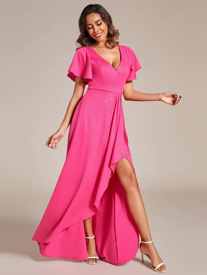 Glitter High-Low Front Side Slit Ruffled V-Neck Evening Dress