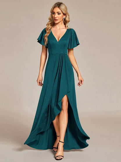 Glitter High-Low Front Side Slit Ruffled V-Neck Evening Dress