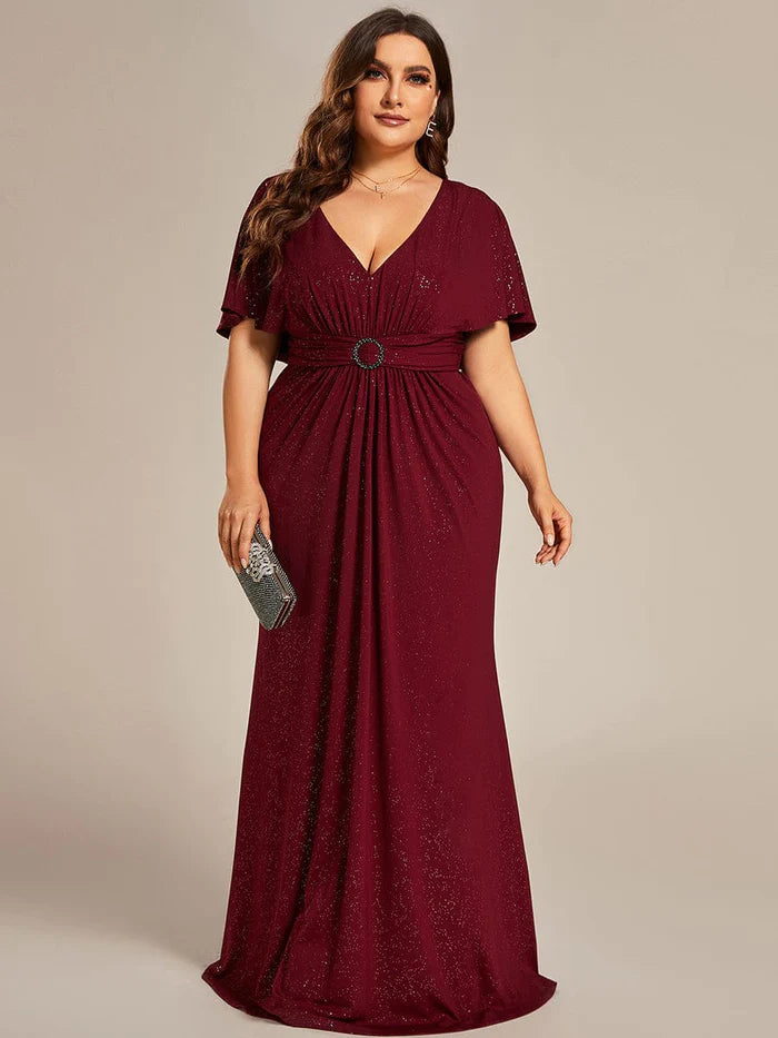 Plus Size Glitter Bat-Wing Sleeve Waist-Cinching Mermaid Evening Dress