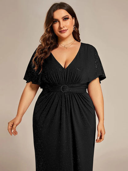 Plus Size Glitter Bat-Wing Sleeve Waist-Cinching Mermaid Evening Dress