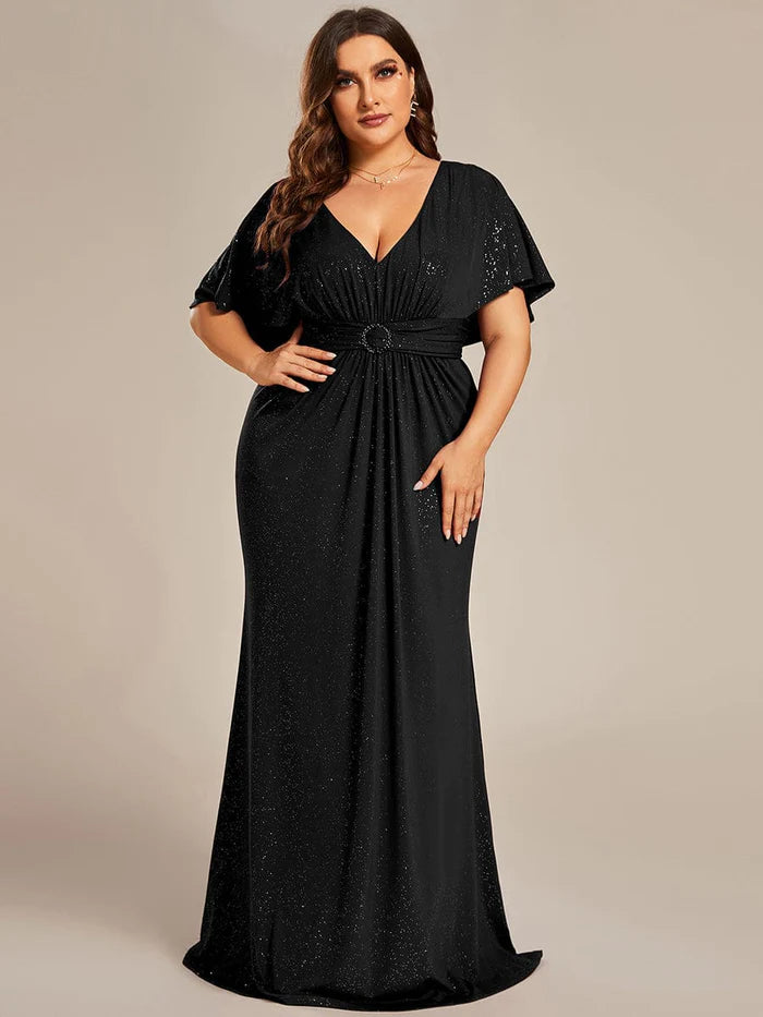 Plus Size Glitter Bat-Wing Sleeve Waist-Cinching Mermaid Evening Dress