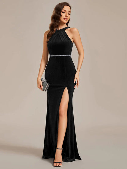 Halter Sleeveless Bodycon Shiny Belt High Slit Velvet Evening Dress