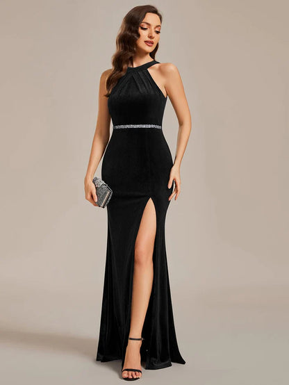 Halter Sleeveless Bodycon Shiny Belt High Slit Velvet Evening Dress Prom Dress