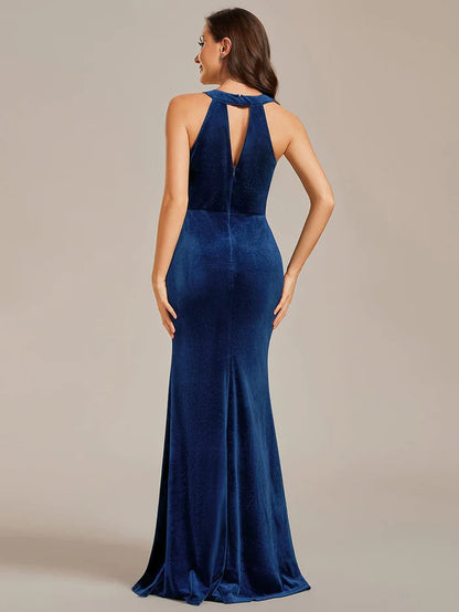 Halter Sleeveless Bodycon Shiny Belt High Slit Velvet Evening Dress Prom Dress