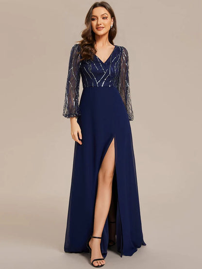 Sequin See-through Long Sleeves High Slit Chiffon A-Line Evening Dress