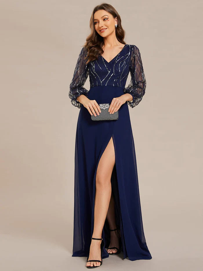 Sequin See-through Long Sleeves High Slit Chiffon A-Line Evening Dress