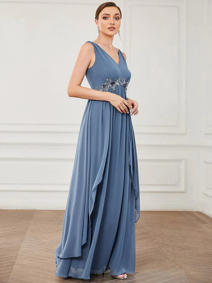 Chiffon Sleeveless Sequin Waist Layered Floor-Length Evening Dress