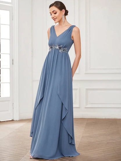 Chiffon Sleeveless Sequin Waist Layered Floor-Length Evening Dress