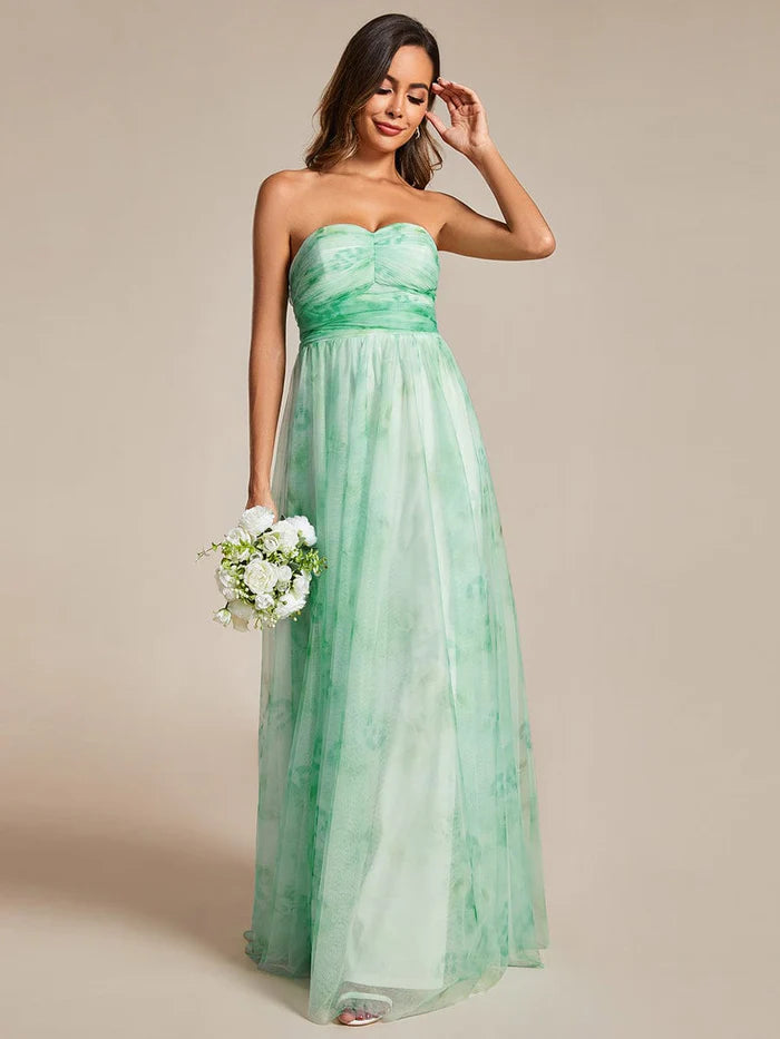 Floral Printed Empire Waist Strapless Formal Evening Dress with A-line