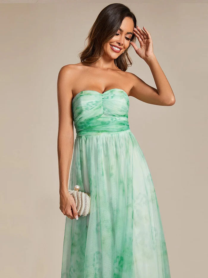 Floral Printed Empire Waist Strapless Formal Evening Dress with A-line