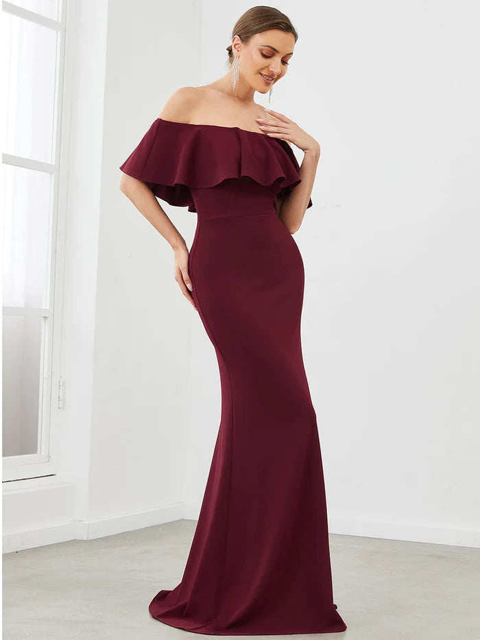 Strapless Fold-Over Ruffle Bodycon Floor-Length Evening Dress