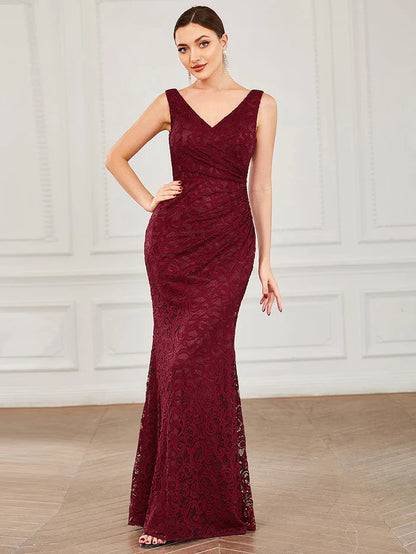 Pleated Lace Bodycon Sleeveless Floor-Length Formal Evening Dress