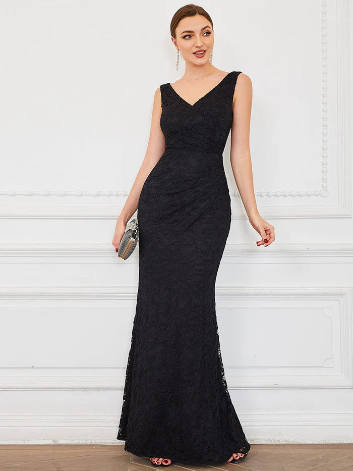 Pleated Lace Bodycon Sleeveless Floor-Length Formal Evening Dress