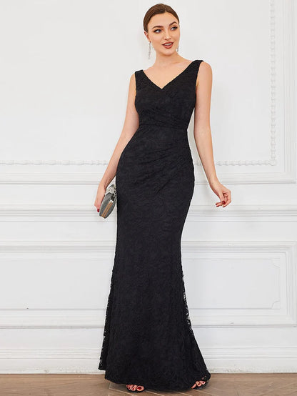 Pleated Lace Bodycon Sleeveless Floor-Length Formal Evening Dress