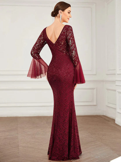 Tulle Bell Sleeve Lace Floor-Length Bodycon Evening Dress