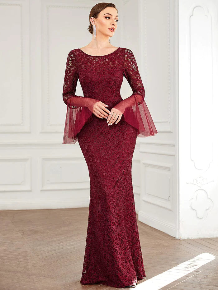 Tulle Bell Sleeve Lace Floor-Length Bodycon Evening Dress