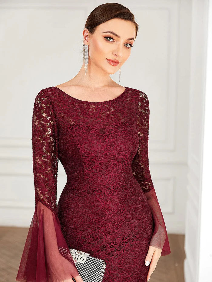 Tulle Bell Sleeve Lace Floor-Length Bodycon Evening Dress