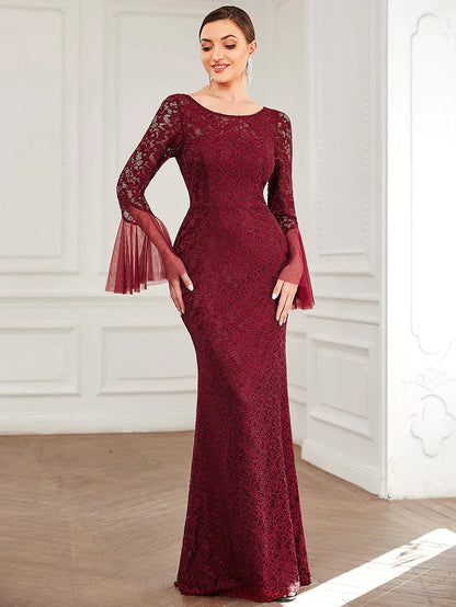 Tulle Bell Sleeve Lace Floor-Length Bodycon Evening Dress