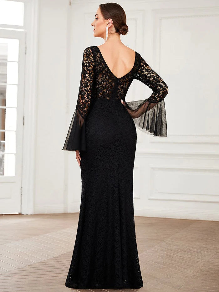 Tulle Bell Sleeve Lace Floor-Length Bodycon Evening Dress