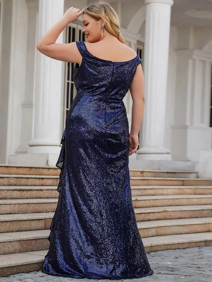 Plus Size Curvy Sequin Sleeveless High Slit Ruffled Evening Dress