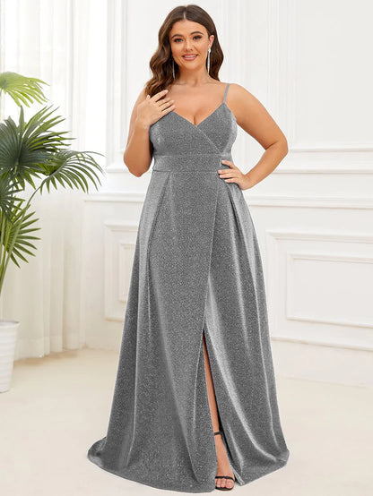 Spaghetti Strap Front Slit Shiny Evening Dress