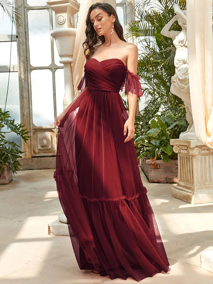 Off-Shoulder Sweetheart Double Layer Pleated Evening Dress