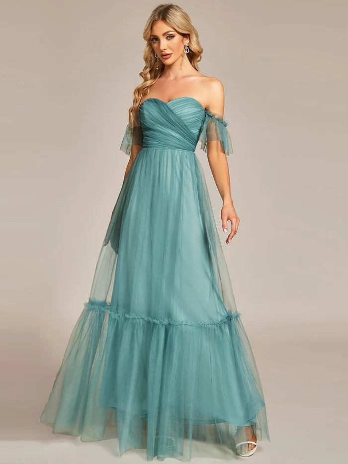 Off-Shoulder Sweetheart Double Layer Pleated Evening Dress