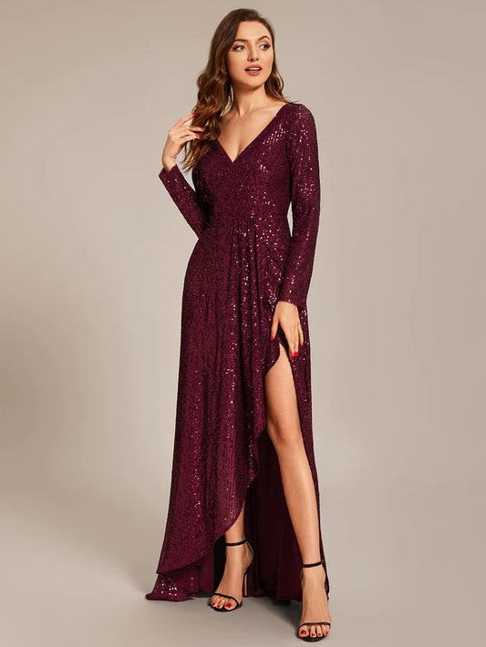 Sequin Long Sleeve V-neck Asymmetrical Hem Evening Dress