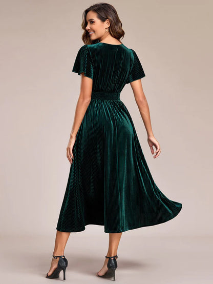 Graceful V-Neck Waist Design Short Sleeves Fall Velvet Midi Wedding Guest Dress