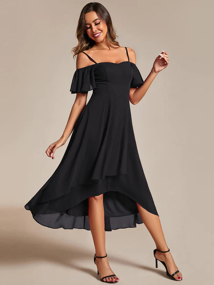 Spaghetti Strap Cold Shoulder Chiffon A-Line Midi Wedding Guest Dress