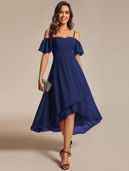 Spaghetti Strap Cold Shoulder Chiffon A-Line Midi Wedding Guest Dress