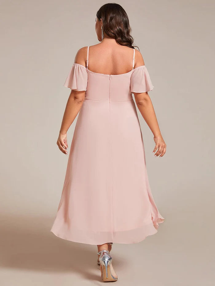 Spaghetti Strap Cold Shoulder Chiffon A-Line Midi Wedding Guest Dress