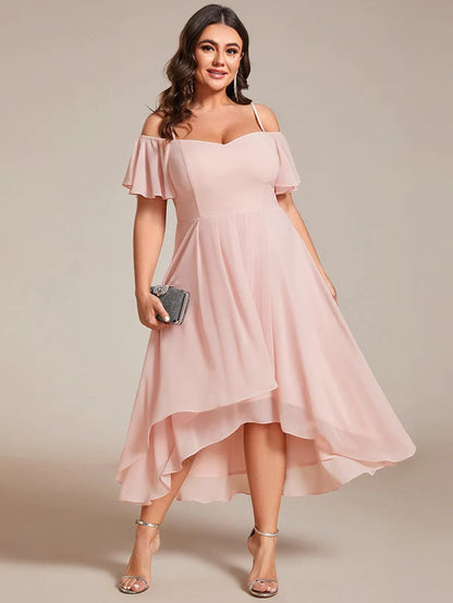 Spaghetti Strap Cold Shoulder Chiffon A-Line Midi Wedding Guest Dress