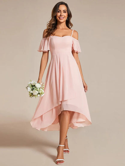 Spaghetti Strap Cold Shoulder Chiffon A-Line Midi Wedding Guest Dress