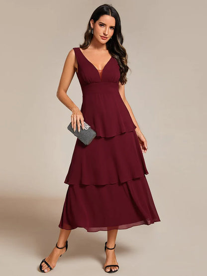 Sleeveless Tiered Hem V-Neck Chiffon Wedding Guest Dress Prom Dress