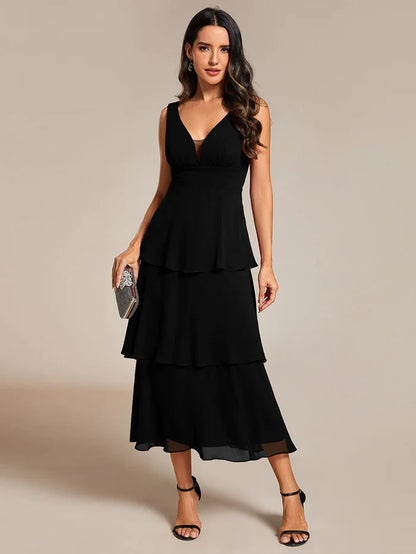 Sleeveless Tiered Hem V-Neck Chiffon Wedding Guest Dress Prom Dress