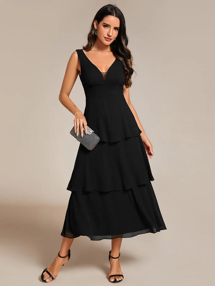 Sleeveless Tiered Hem V-Neck Chiffon Wedding Guest Dress Prom Dress