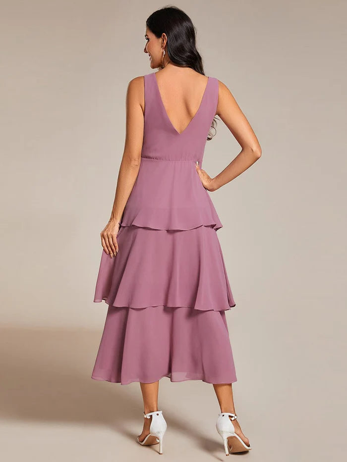 Sleeveless Tiered Hem V-Neck Chiffon Wedding Guest Dress Prom Dress