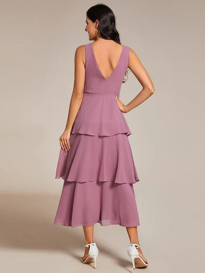 Sleeveless Tiered Hem V-Neck Chiffon Wedding Guest Dress Prom Dress