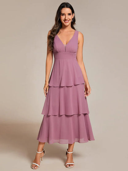 Sleeveless Tiered Hem V-Neck Chiffon Wedding Guest Dress Prom Dress