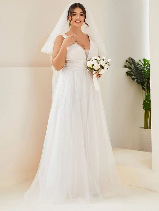 Plus Size Empire Waist Sleeveless Lace Sheer A-Line Wedding Dress